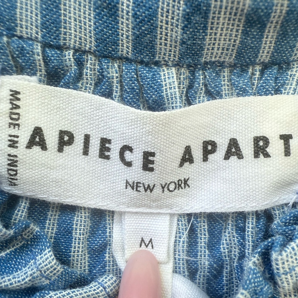 Apiece Apart Los Altos Top Blue Seersucker Stripe Puff Sleeve Henley - Picture 5 of 13